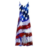 Жени 4 юли Американски флаг Лятна макси рокля, женска лятна макси рокля Небрежни разхлабени джобове дълга рокля без ръкави с раздяла плюс размер на размера