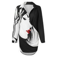 Женски есен и зимен моден бутон за ревера отпечатана рокля с риза с дълги ръкави черен xxl