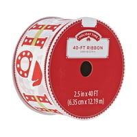 Празнична панделка, бял сатен с червен Принт Хо Хо Хо, 2.5 40'