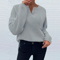Плюс размер есенни пуловери за жени с дълъг ръкав v шия горен джоб плътно цвят сив пуловер за жени размер s