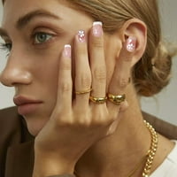Бял френски съвет за пресата на нокти къси квадратни лъскави фалшиви нокти Пълно покритие Сакура Цветя дизайн на нокти за жени