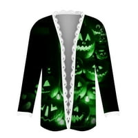 YUBATUO Женски моден ежедневен Хелоуин печат дантела с дълъг ръкав жилетка на жилетка за жени тъмно зелено m