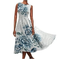 Макси рокля за жени винтидж флорален принт Лятна без ръкаща лъжичка шия бохо плаващ глезена дължина дълги рокли