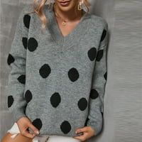 Жени пуловер- V-образна плетена полка точка пуловер моден плетен пуловер топ блуза сиво s