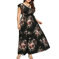 рокли за жени жени плюс размер лято v Врат флорален принт Boho без ръкави рокля от женска небрежна рокля черно + 3xl
