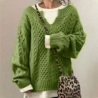 Кабел плетен пуловер за жени мода Notch v Neck с голям ръкав огромен пуловери свободни годни твърди джъмперни върхове