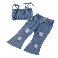 Детци момиче дънкови резервоари върхове + разпалени панталони, регулируеми каишки за раменни каишки с четка за декорация дрехи