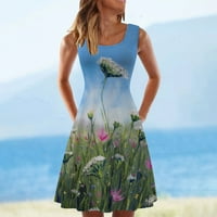 Детесбула за жени летни рокли Clearance Жени ежедневни рокли за без ръкави на екипаж от летна флорална рокля за печат за плаж