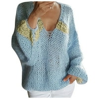 Kali_Store Fall Powaters for Women Trendy женски пуловер с дълъг ръкав с дълъг ръкав плетен основен подрязан пуловер пуловер синьо,