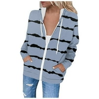 Дамски дълъг ръкав цип нагоре качулка раирана суичър разхлабени пуловер върхове светлосин размер xl