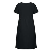 Женски летен масивен цвят кръгла шия с къс ръкав памучна рокля с джобно черно, xxl